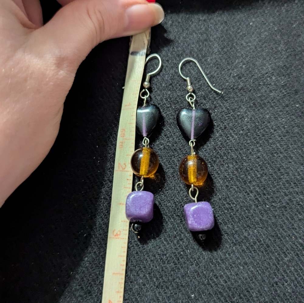 Silver Tone Purple and Amber Brown Heart Beaded Dangle Drop Statement Earrings - Picture 2 of 2